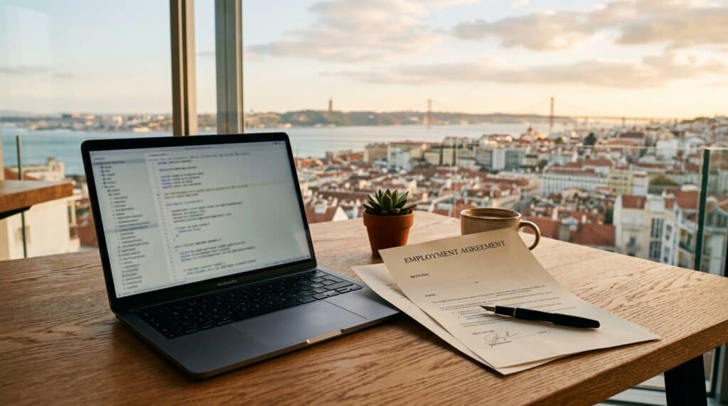Employment agreement on laptop screen with city view representing EOR compliance and risk management