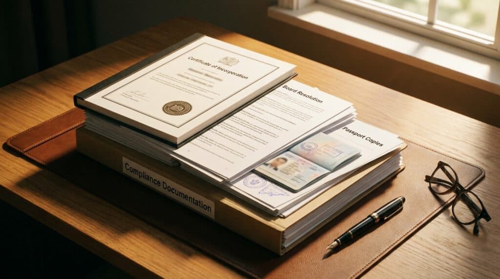 Corporate formation certificates and compliance documents required for Singapore bank account opening