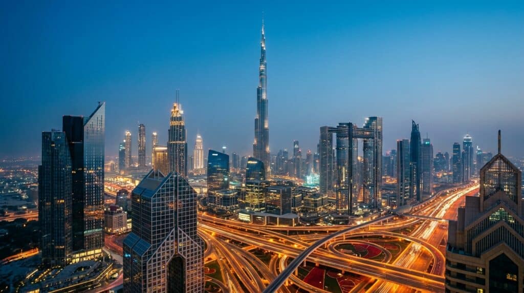 Dubai skyline at night with Burj Khalifa representing UAE tax residency for international entrepreneurs