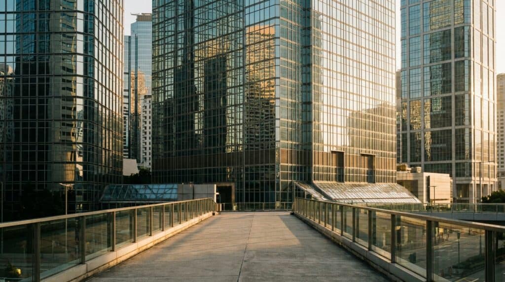Modern glass towers in Hong Kong's business district where entrepreneurs apply for TTPS and investment visas