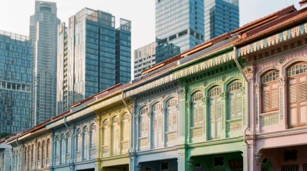 Singapore tax residency district with traditional shophouses and modern skyline