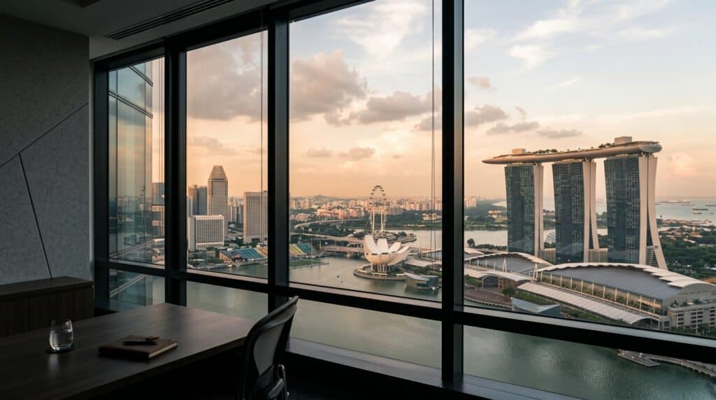 Singapore skyline and harbor at golden hour, viewed from above Marina Bay