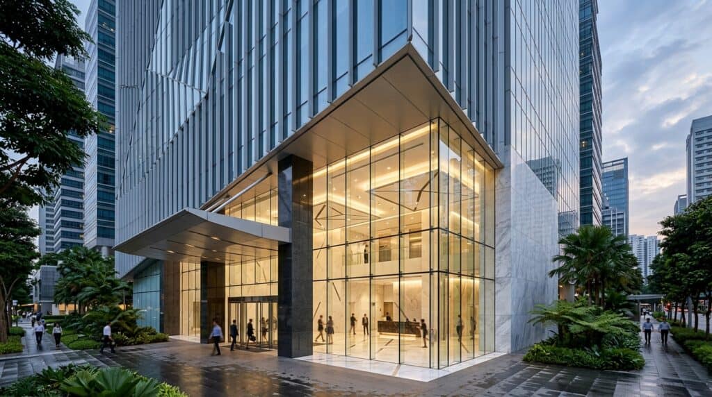 Modern glass office building entrance with an office renderering Singapore company for foreigners services