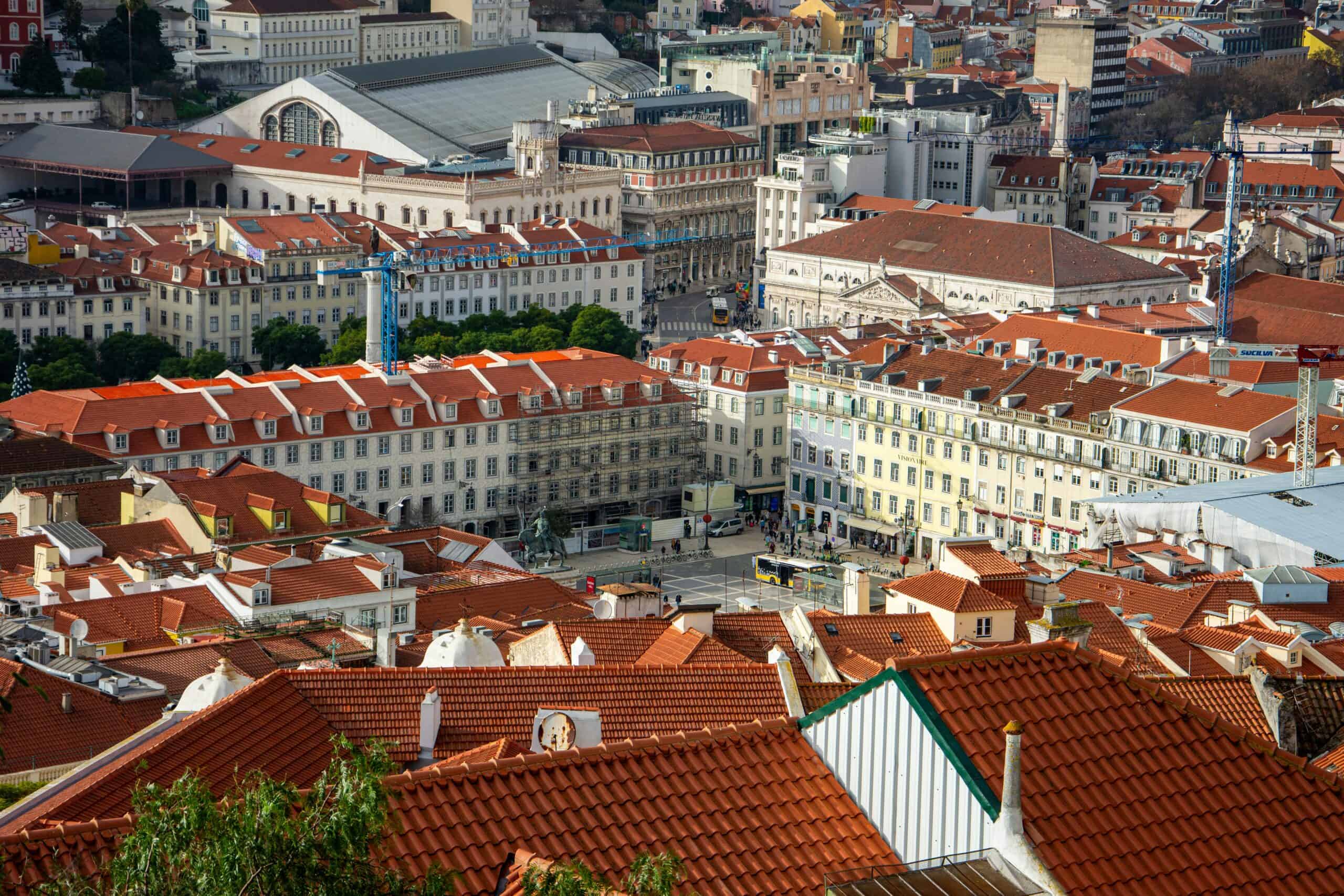 Aerial view of central Lisbon rooftops and historic city center, Portugal