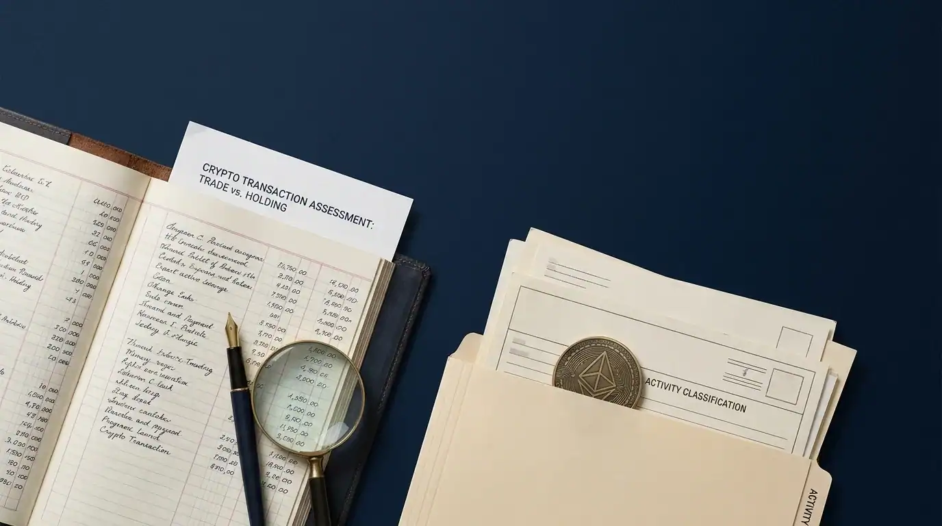 Investor reviewing documents to determine when crypto income becomes taxable in Hong Kong