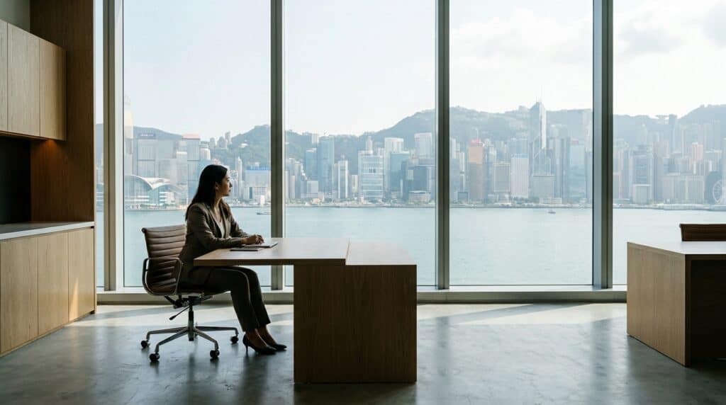 Professional working in a Hong Kong office with harbour view representing local employment and hiring practices