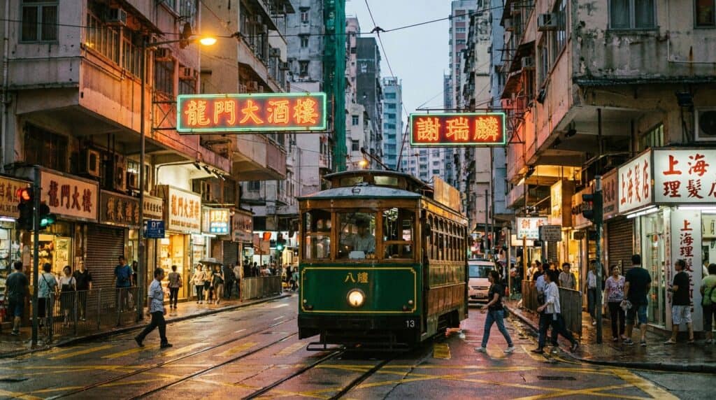 Hong Kong street with neon signs in Kowloon reflecting the city's two-tier profits tax advantage for entrepreneurs