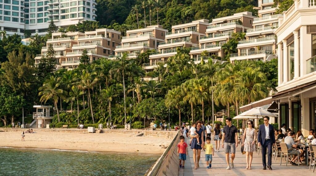 Residential beachfront in Hong Kong where expat families weigh healthcare and international school costs