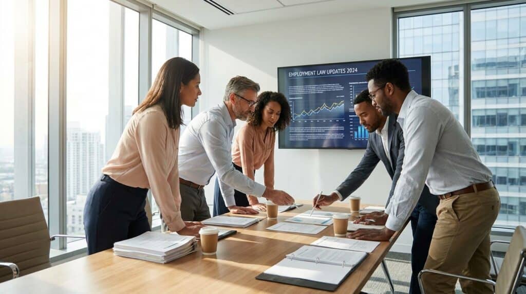 Team reviewing employment law updates in a modern office with city skyline view