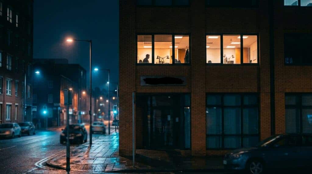 International business district at night representing cross-border employment contract compliance