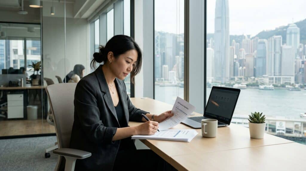 Woman working on laptop in a high-rise office with Singapore skyline view