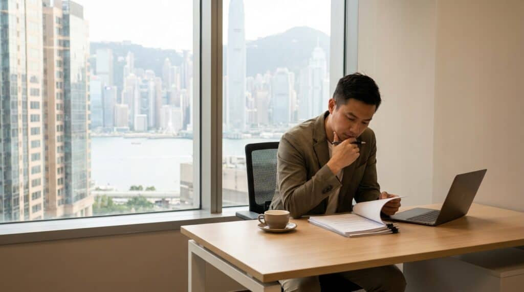 Entrepreneur working on Hong Kong offshore tax compliance in modern office