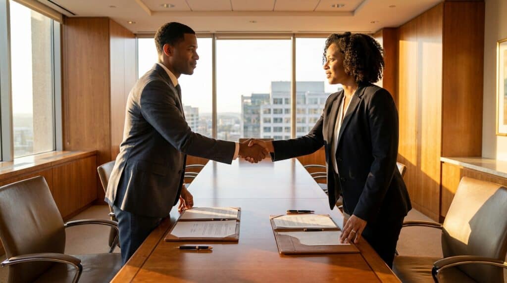 Two professionals meeting in a glass-walled boardroom overlooking a city skyline