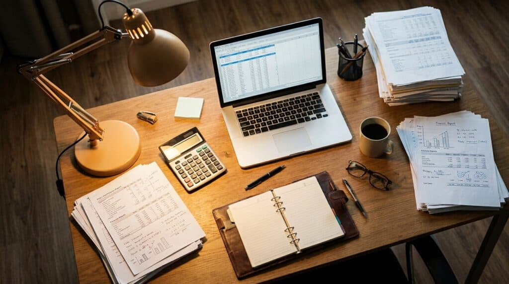 Business workspace with laptop and documents for UAE corporate tax compliance