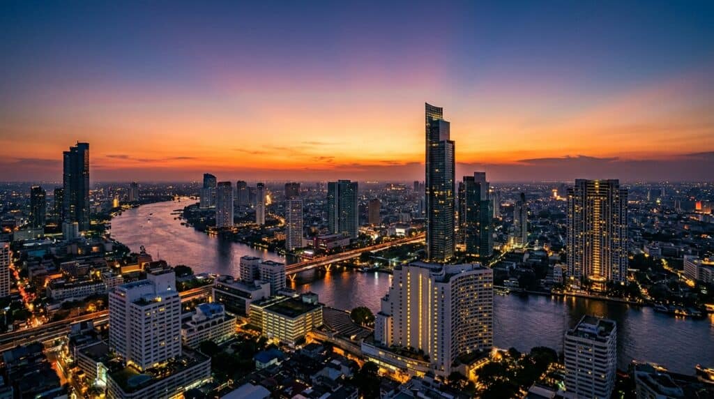 Bangkok business district skyline at dusk, Thailand's startup and venture capital hub