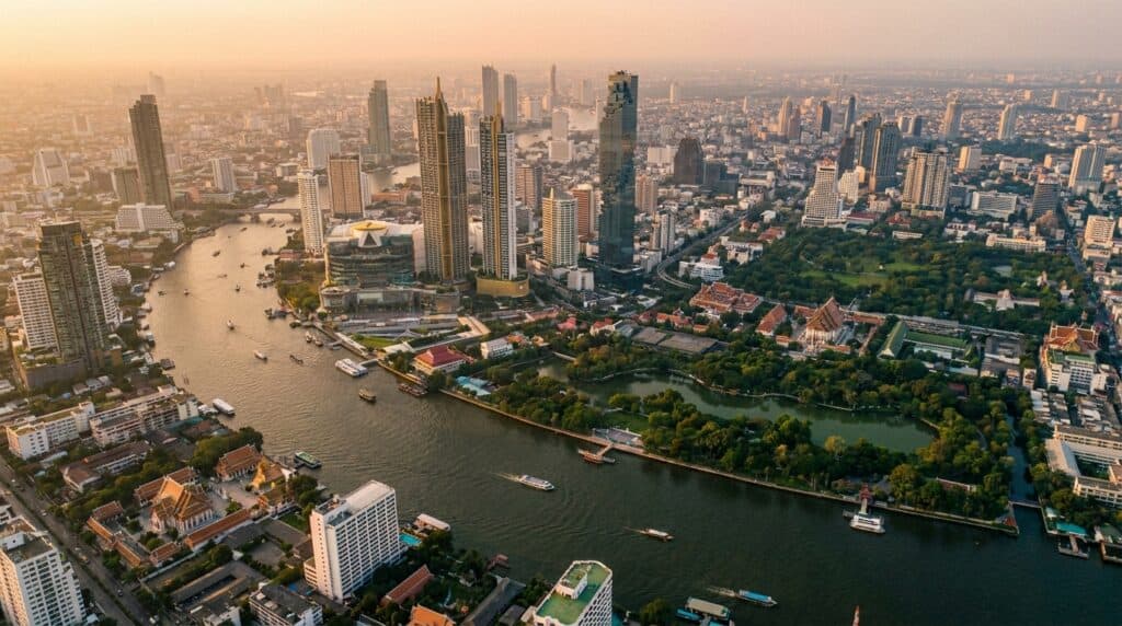 Aerial view of Bangkok and the Chao Phraya River, a popular base for digital nomads in Thailand