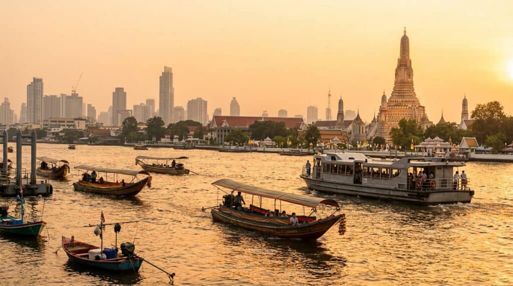 Wat Arun temple beside the Chao Phraya River at sunset in Bangkok, Thailand