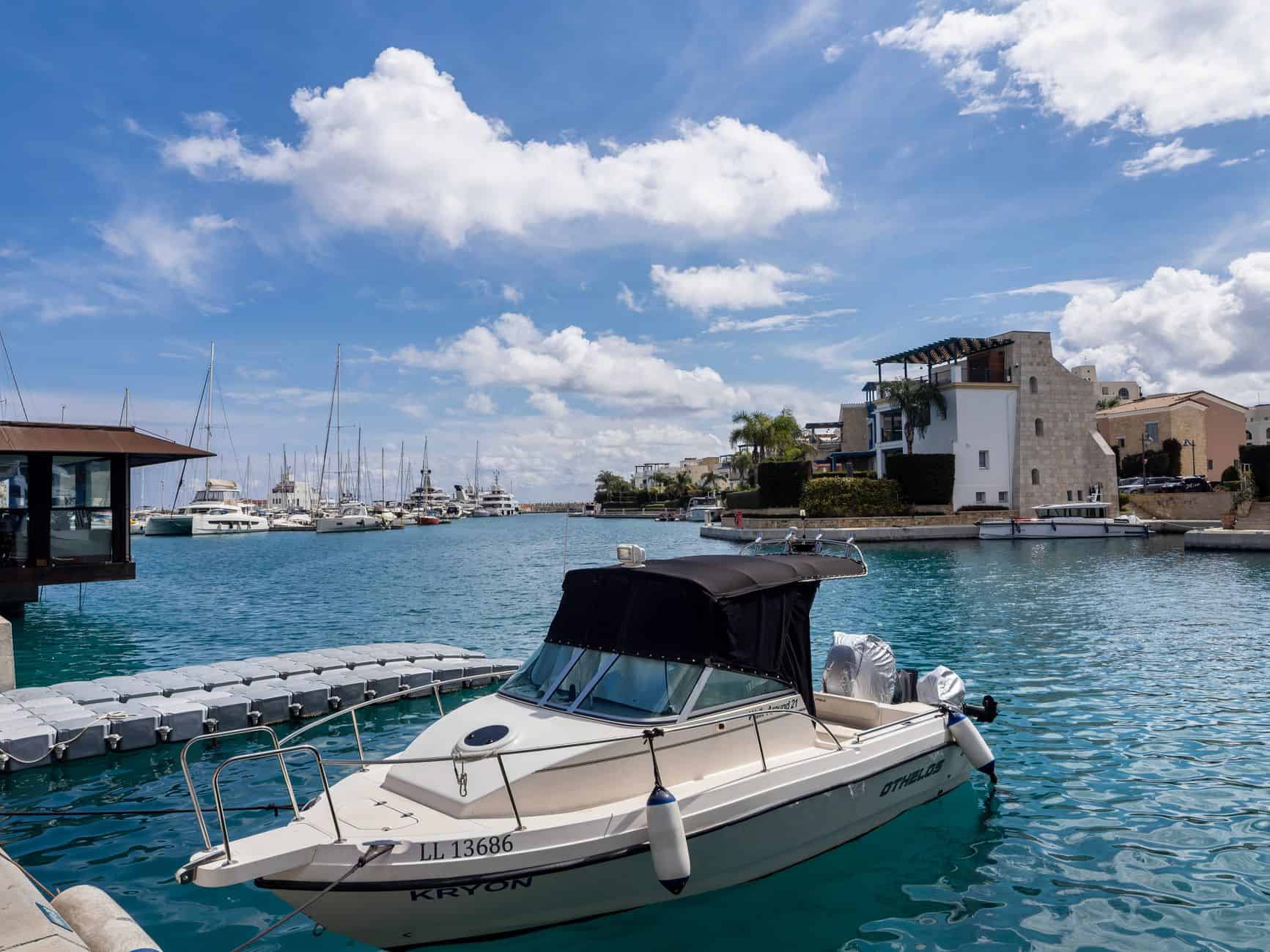 Luxury yacht docked at a Cyprus marina evoking the expat lifestyle for international founders and families