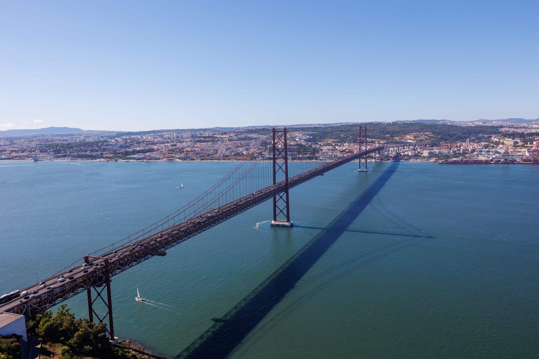Aerial view of 25 de Abril Bridge illustrating Lisbon's strategic location for business